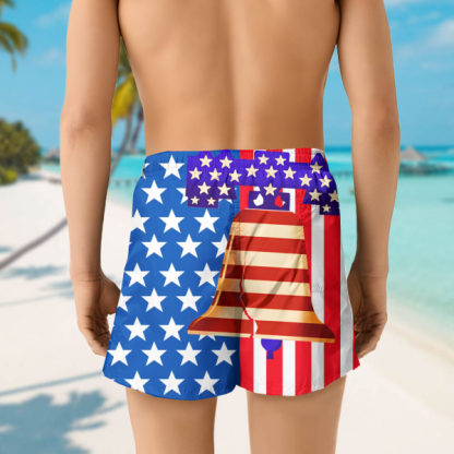 Custom American Flag Liberty Bell Men’s Beach Shorts Personalized Photo Independence Day Sports Shorts Gift For Him For Husband-mekesllser-Swimwear,Mekesllser,American Flag,Summer Sale,Beach Shorts,Swimwear For Men,For Men