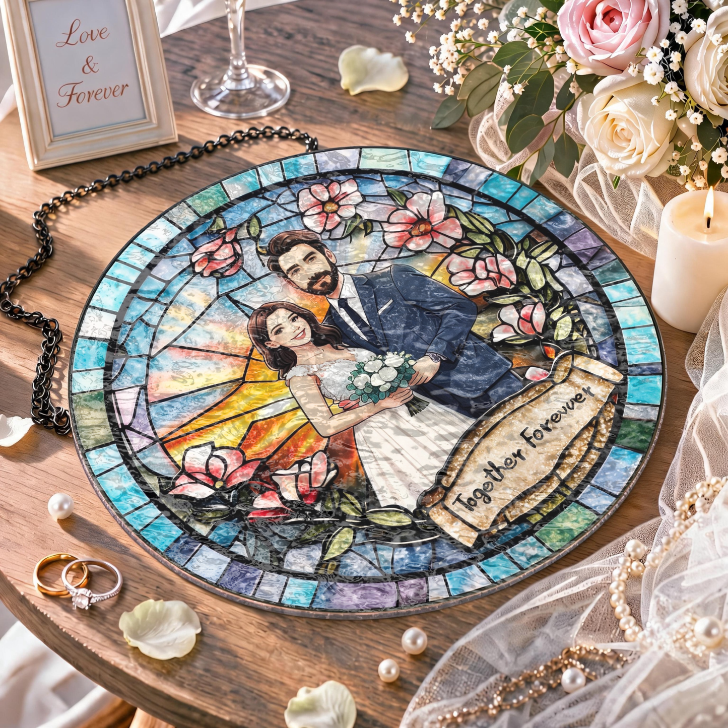 Custom Window Hanging Suncatcher, Elegant Personalized Window Stained Glass Home Decor Piece, Memorable Personalized Gift For Couples Wedding Couple Family Keepsake Gift
