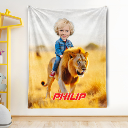Custom Animal Blankets Personalized Boy Riding Lion Blanket Gift For Boys-mekesllser-Mekesllser,For Kids,IP,Home&Living,Blanket,For Boys,Kid's Animal Theme,Blanket for Boys,Autumn Sale,Children's Daily Style