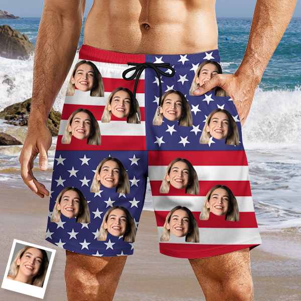 Custom American Flag Mens‘ Hawaiian Shorts Personalized Photo Hawaiian Beach Shorts Gift For Him For Husband-mekesllser-Swimwear,Mekesllser,American Flag,Summer Sale,Swimwear For Men,For Men,Hawaiian Shorts