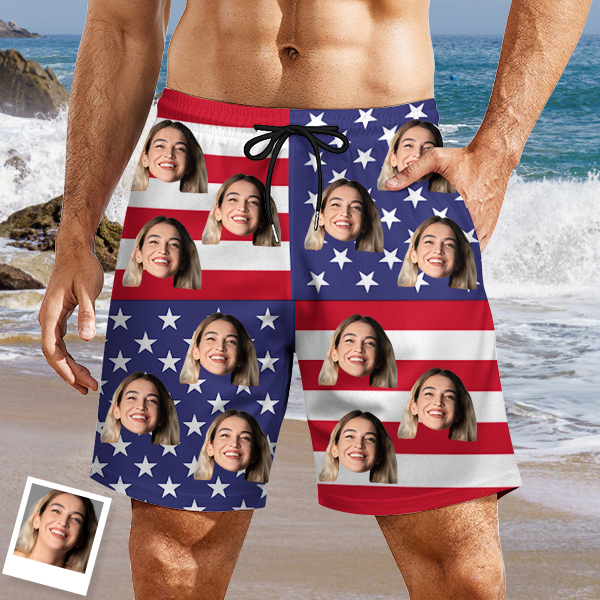 Custom American Flag Mens‘ Hawaiian Shorts Personalized Photo Hawaiian Beach Shorts Gift For Him For Husband-mekesllser-Swimwear,Mekesllser,American Flag,Summer Sale,Swimwear For Men,For Men,Hawaiian Shorts
