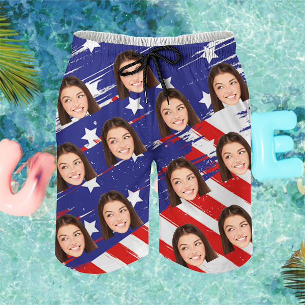 Custom American Flag Mens‘ Shorts Personalized Photo Hawaiian Beach Shorts Gift For Him For Husband-mekesllser-Swimwear,Mekesllser,American Flag,Summer Sale,Swimwear For Men,For Men,Hawaiian Shorts