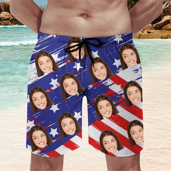 Custom American Flag Mens‘ Shorts Personalized Photo Hawaiian Beach Shorts Gift For Him For Husband-mekesllser-Swimwear,Mekesllser,American Flag,Summer Sale,Swimwear For Men,For Men,Hawaiian Shorts
