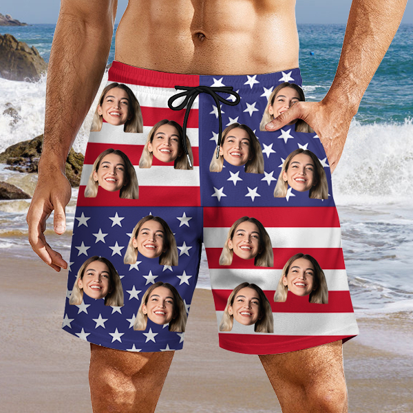 Custom American Flag Mens‘ Hawaiian Shorts Personalized Photo Hawaiian Beach Shorts Gift For Him For Husband-mekesllser-Swimwear,Mekesllser,American Flag,Summer Sale,Swimwear For Men,For Men,Hawaiian Shorts