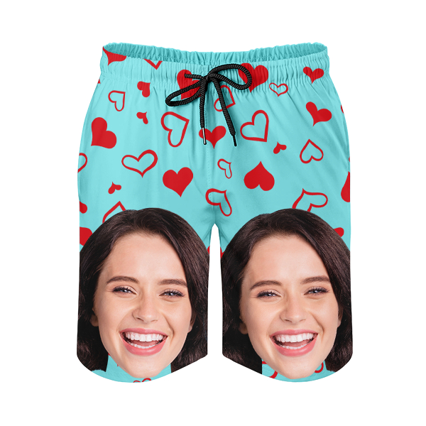 Custom Sweet Red Heart Mens‘ Shorts Personalized Photo Hawaiian Sweet Love Beach Shorts Gift For Him For Husband-mekesllser-Swimwear,Mekesllser,Red Heart,Summer Sale,Swimwear For Men,For Men,Hawaiian Shorts