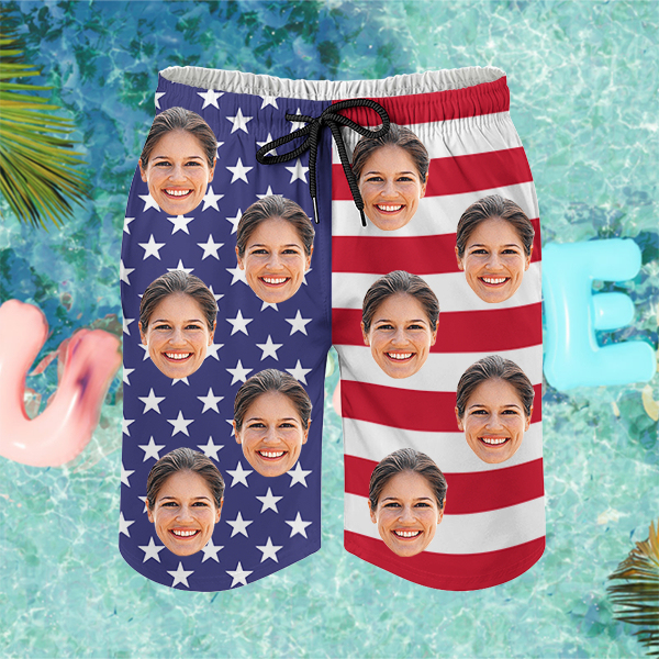 Custom American Flag Hawaiian Shorts Personalized Photo Hawaiian Beach Shorts Gift For Him For Men-mekesllser-Swimwear,Mekesllser,American Flag,Summer Sale,Swimwear For Men,For Men,Hawaiian Shorts