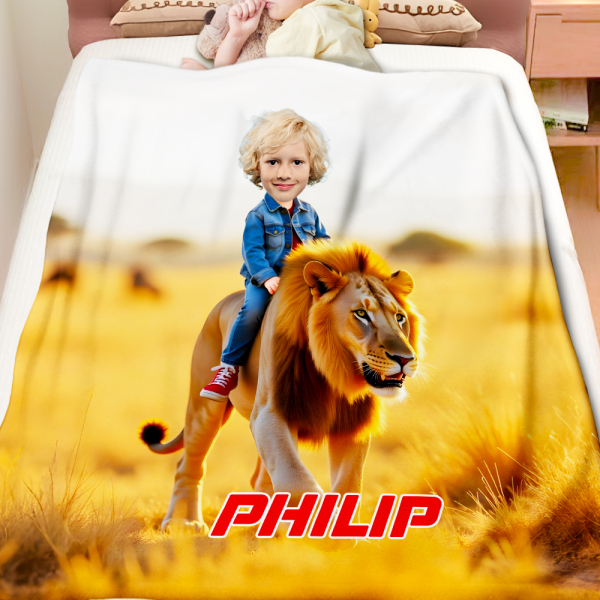 Custom Animal Blankets Personalized Boy Riding Lion Blanket Gift For Boys-mekesllser-Mekesllser,For Kids,IP,Home&Living,Blanket,For Boys,Kid's Animal Theme,Blanket for Boys,Autumn Sale,Children's Daily Style