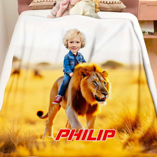 Custom Animal Blankets Personalized Boy Riding Lion Blanket Gift For Boys-mekesllser-Mekesllser,For Kids,IP,Home&Living,Blanket,For Boys,Kid's Animal Theme,Blanket for Boys,Autumn Sale,Children's Daily Style