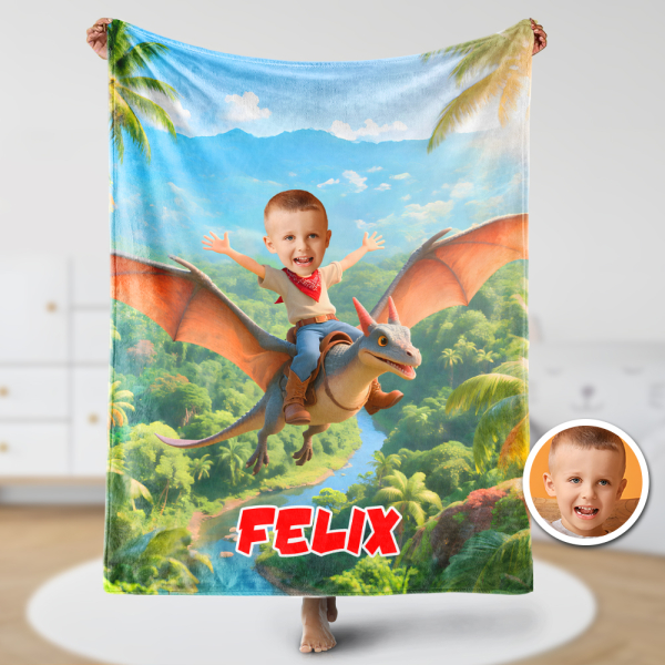 Custom Flying Dinosaur Blankets Personalized Boy Riding Dinosaur Blanket Gift For Boys-mekesllser-dinosaur blanket,Mekesllser,For Kids,IP,Home&Living,Blanket,For Boys,Dinosaur,Kid's Animal Theme,Blanket for Boys,Autumn Sale,Children's Daily Style