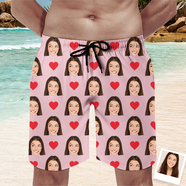 Custom Red Heart Mens‘ Shorts Personalized Photo Hawaiian Beach Shorts Gift For Him For Husband-mekesllser-Swimwear,Mekesllser,Red Heart,Summer Sale,Swimwear For Men,For Men,Hawaiian Shorts