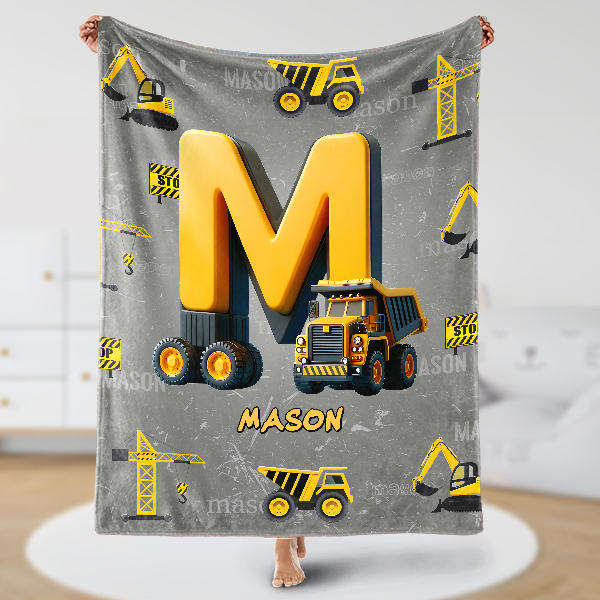 Custom Construction Vehicles Letter Personalized Nmae Kid Blanket Gift For Boys-mekesllser-Mekesllser,For Kids,Home&Living,Blanket,For Boys,Kid's Simple Style,Blanket for Boys,Autumn Sale,Children's Daily Style