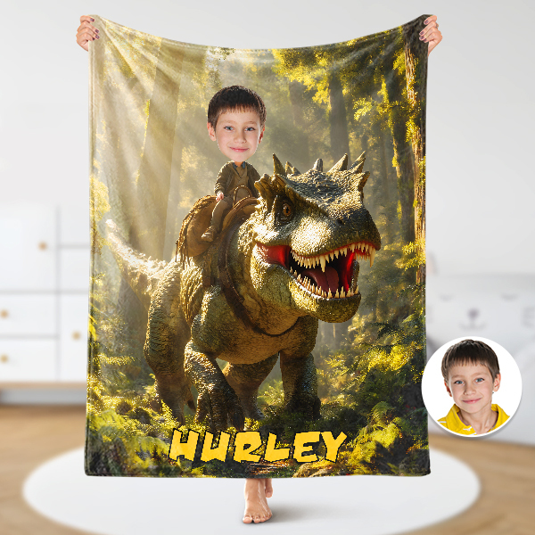 Custom Dinosaur Riding Blankets Personalized Face & Name Hero Blanket Gifts For Boys-mekesllser-dinosaur blanket,Mekesllser,For Kids,Home&Living,Blanket,For Boys,Dinosaur,Blanket for Boys