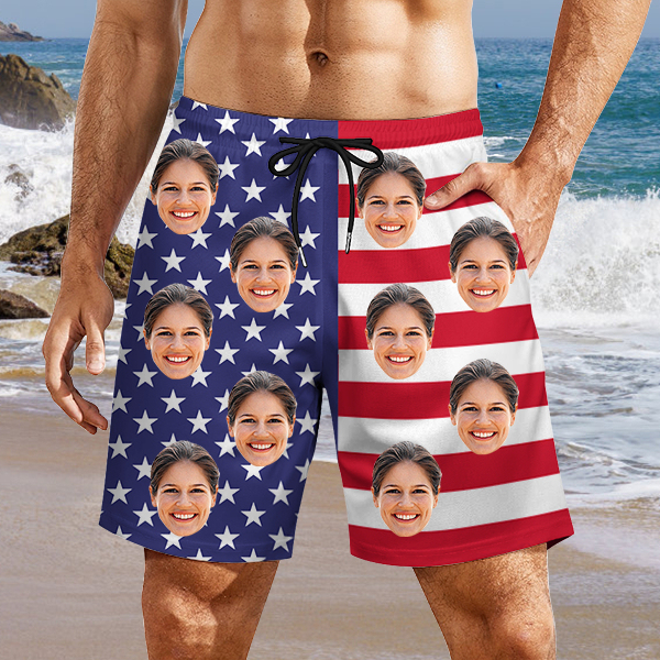 Custom American Flag Hawaiian Shorts Personalized Photo Hawaiian Beach Shorts Gift For Him For Men-mekesllser-Swimwear,Mekesllser,American Flag,Summer Sale,Swimwear For Men,For Men,Hawaiian Shorts