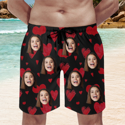 Custom Sweet Heart Mens‘ Shorts Personalized Photo Name Hawaiian Beach Shorts Gift For Him For Husband-mekesllser-Swimwear,Mekesllser,Red Heart,Summer Sale,Swimwear For Men,For Men,Hawaiian Shorts