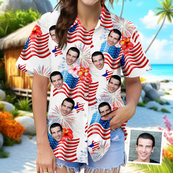 Custom Hawaiian Flower Women's Hawaiian Shirt With Face American Flag Hawaiian Personalized Gifts For Her-mekesllser-Swimwear For Women,For Women,Swimwear,Mekesllser,American Flag,Summer Sale,Hawaiian,Hawaiian Shirt,Women's Hawaiian Shirt