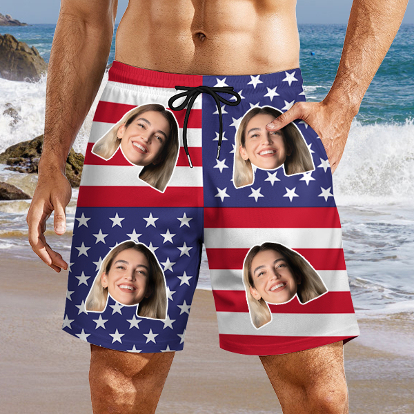 Custom American Flag Hawaiian Mens‘ Shorts Personalized Photo Hawaiian Beach Shorts Gift For Him For Husband-mekesllser-Swimwear,Mekesllser,American Flag,Summer Sale,Swimwear For Men,For Men,Hawaiian Shorts
