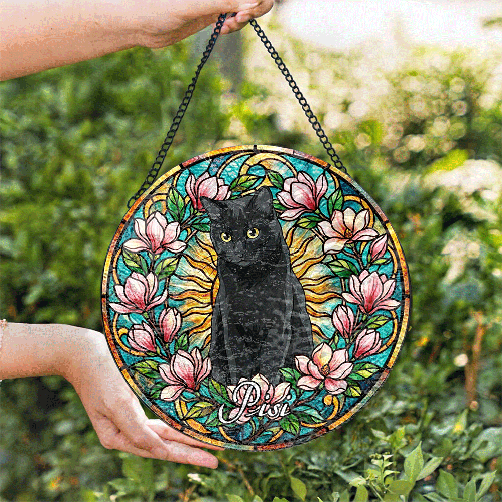  Custom Window Hanging Suncatcher – Custom Photo Keepsake With Stained Glass Design, Charming Home Decor & Gift For Pet Lover, Black Cat