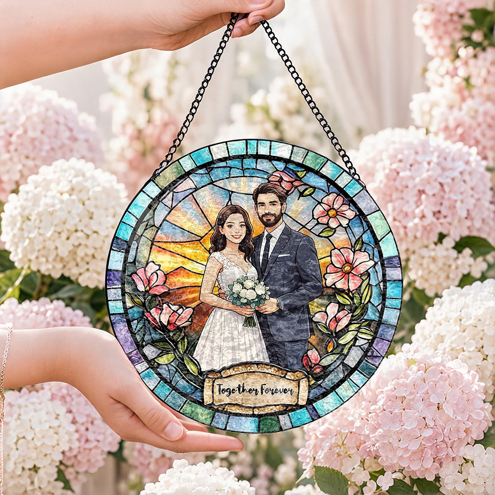Custom Window Hanging Suncatcher, Elegant Personalized Window Stained Glass Home Decor Piece, Memorable Personalized Gift For Couples Wedding Couple Family Keepsake Gift