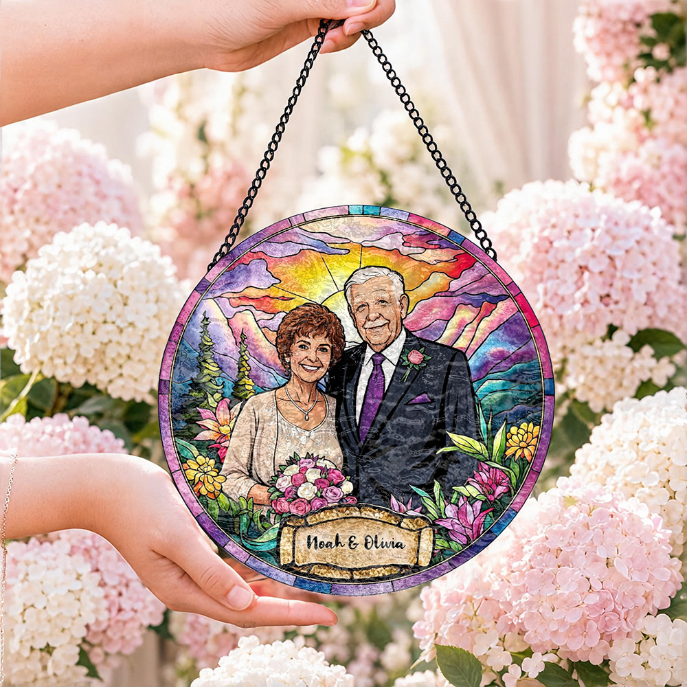 Custom Window Hanging Suncatcher, Elegant Personalized Window Stained Glass Home Decor, Memorable Personalized Gift For Couples Wedding Couple Family Gift