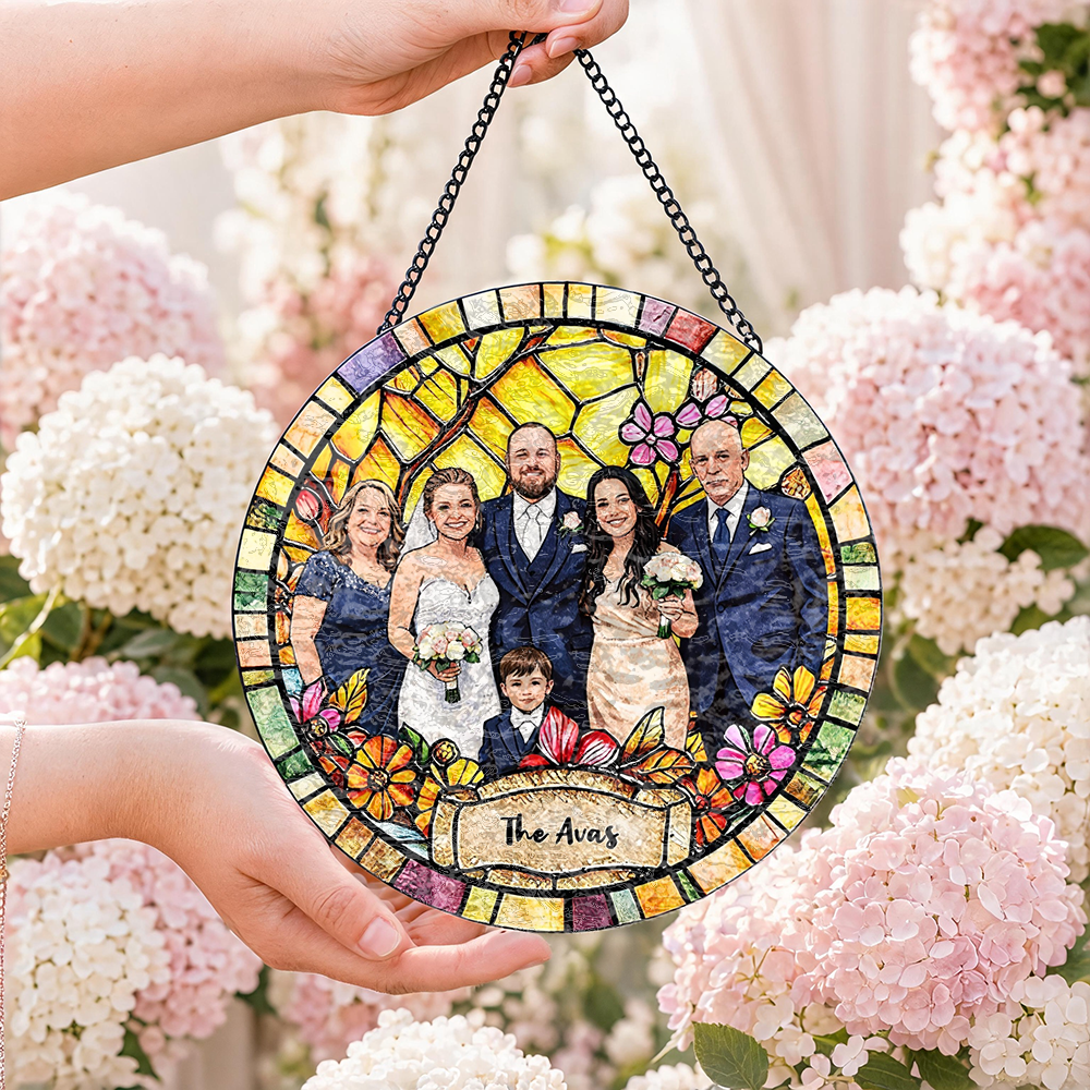 Custom Window Hanging Suncatcher, Elegant Personalized Window Stained Glass Home Decor Piece, Personalized Gift For Couples Wedding Couple Family Gift