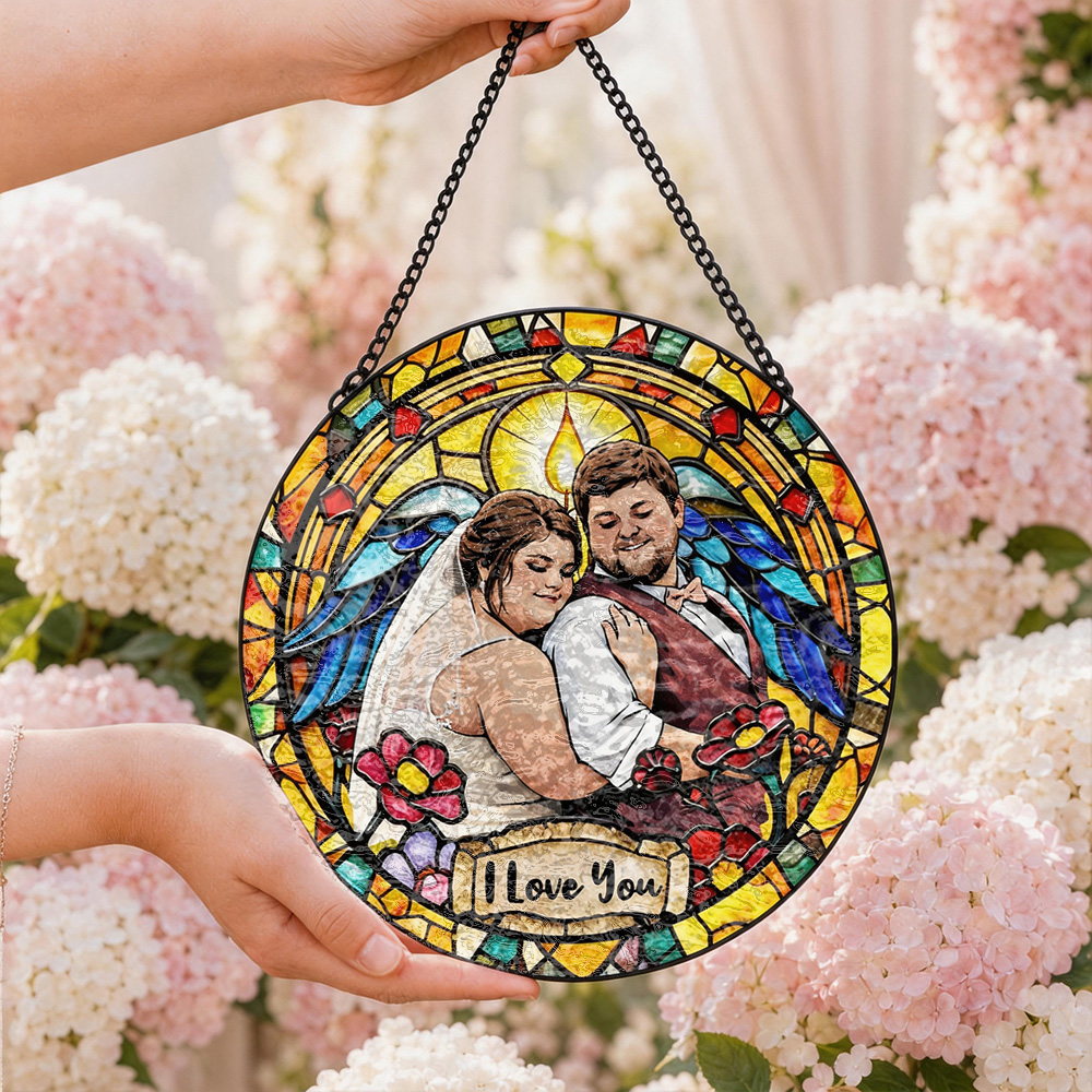 Custom Window Hanging Suncatcher, Personalized Stained Glass Art Home Decor Accessory, Thoughtful Personalized Gift For Couples Wedding Keepsake Anniversary Photo