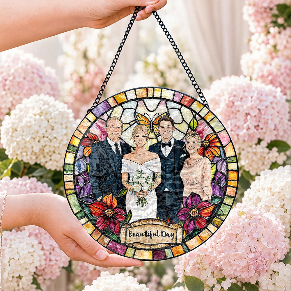 Custom Window Hanging Suncatcher, Personalized Stained Glass Photo Home Decor, Unique Personalized Gift For Couples & Family Keepsake Custom Photo Suncatcher
