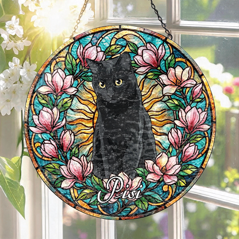  Custom Window Hanging Suncatcher – Custom Photo Keepsake With Stained Glass Design, Charming Home Decor & Gift For Pet Lover, Black Cat