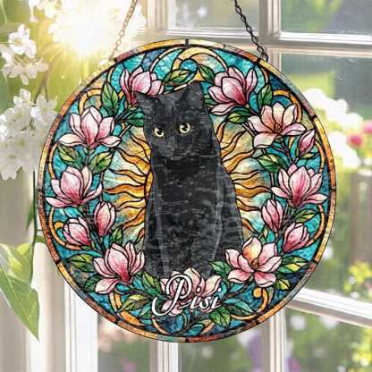  Custom Window Hanging Suncatcher – Custom Photo Keepsake With Stained Glass Design, Charming Home Decor & Gift For Pet Lover, Black Cat