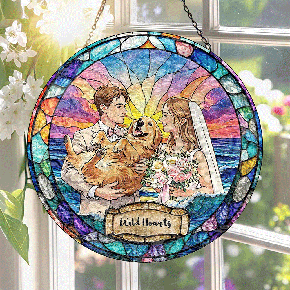 Custom Window Hanging Suncatcher, Elegant Personalized Window Stained Glass Home Decor Piece, Memorable Personalized Gift For Couples Wedding Couple