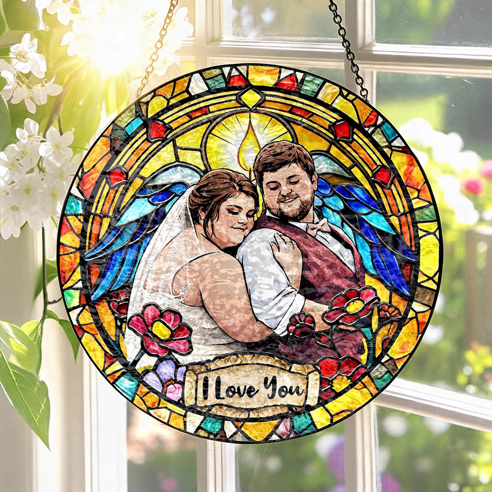Custom Window Hanging Suncatcher, Personalized Stained Glass Art Home Decor Accessory, Thoughtful Personalized Gift For Couples Wedding Keepsake Anniversary Photo