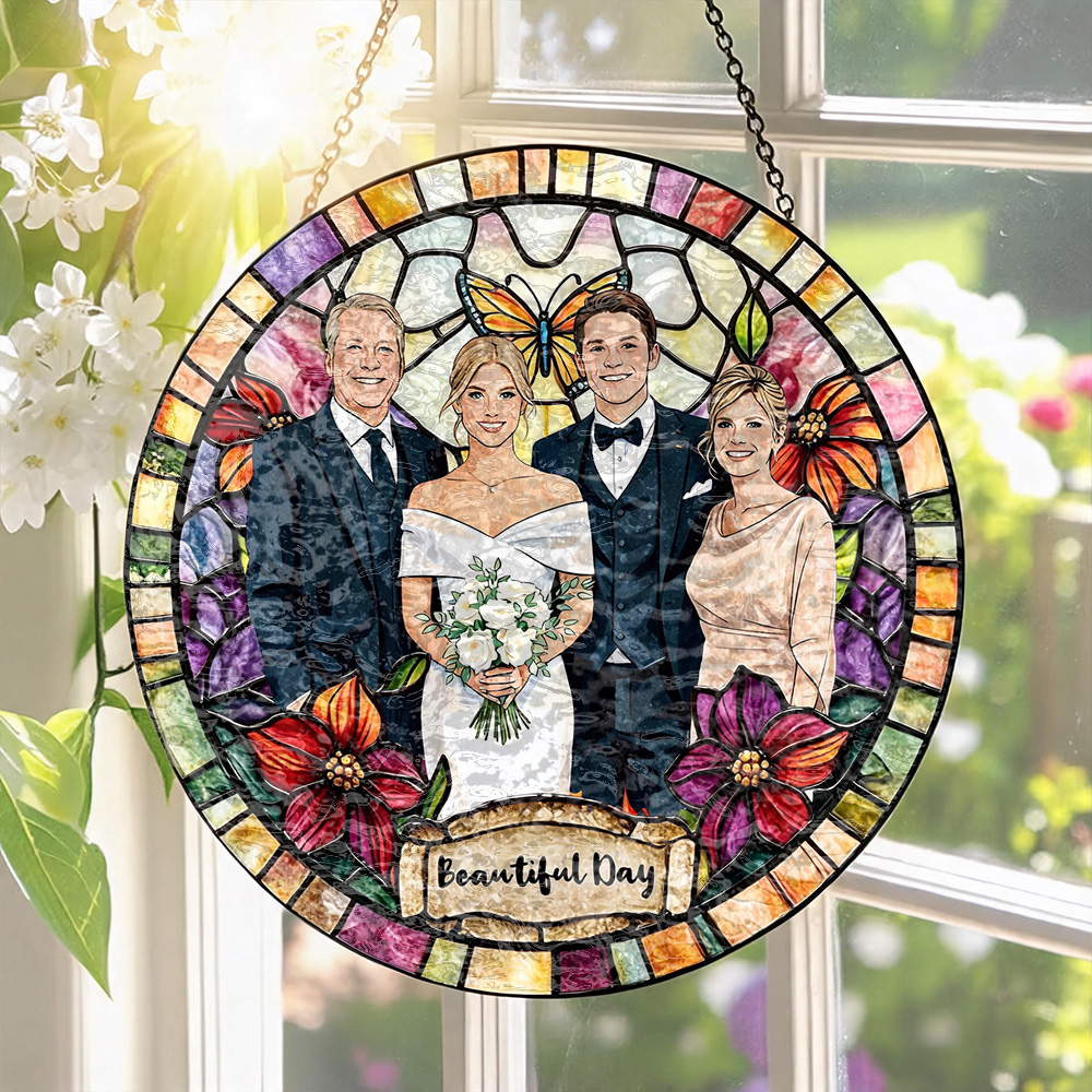Custom Window Hanging Suncatcher, Personalized Stained Glass Photo Home Decor, Unique Personalized Gift For Couples & Family Keepsake Custom Photo Suncatcher