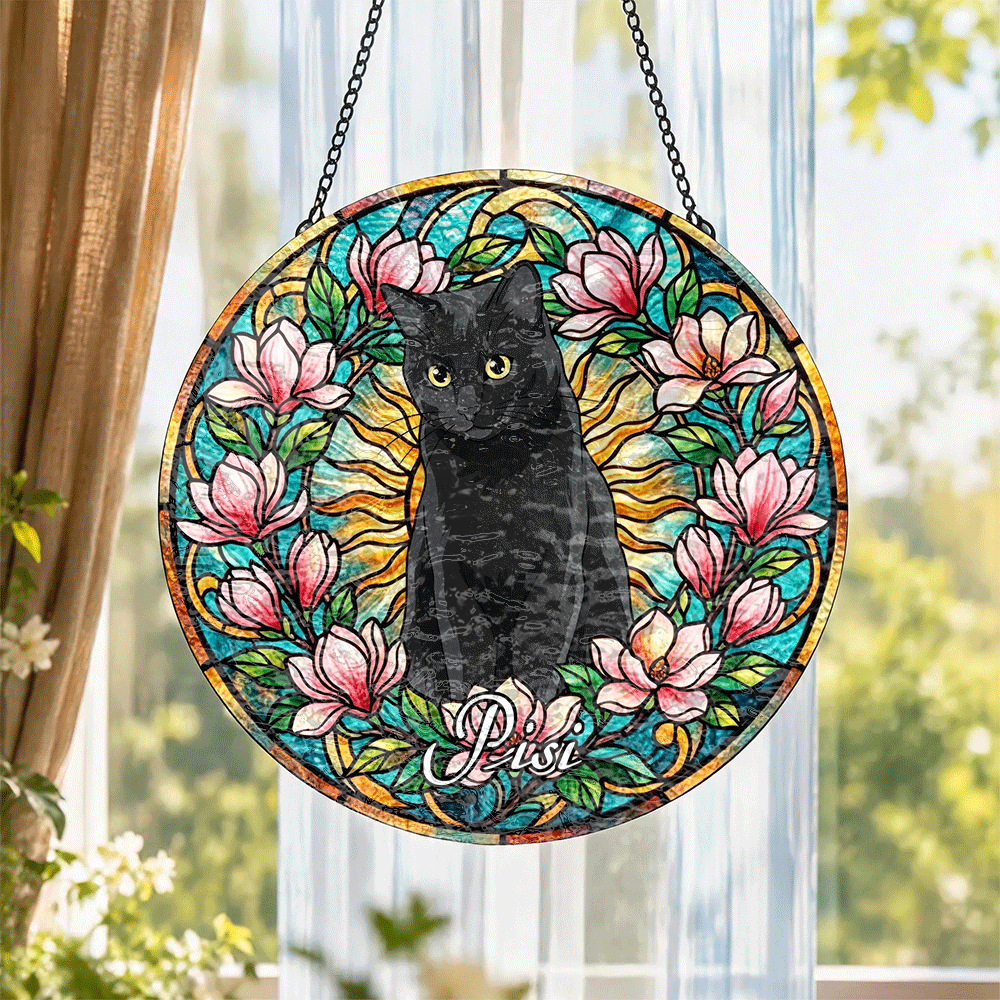  Custom Window Hanging Suncatcher – Custom Photo Keepsake With Stained Glass Design, Charming Home Decor & Gift For Pet Lover, Black Cat