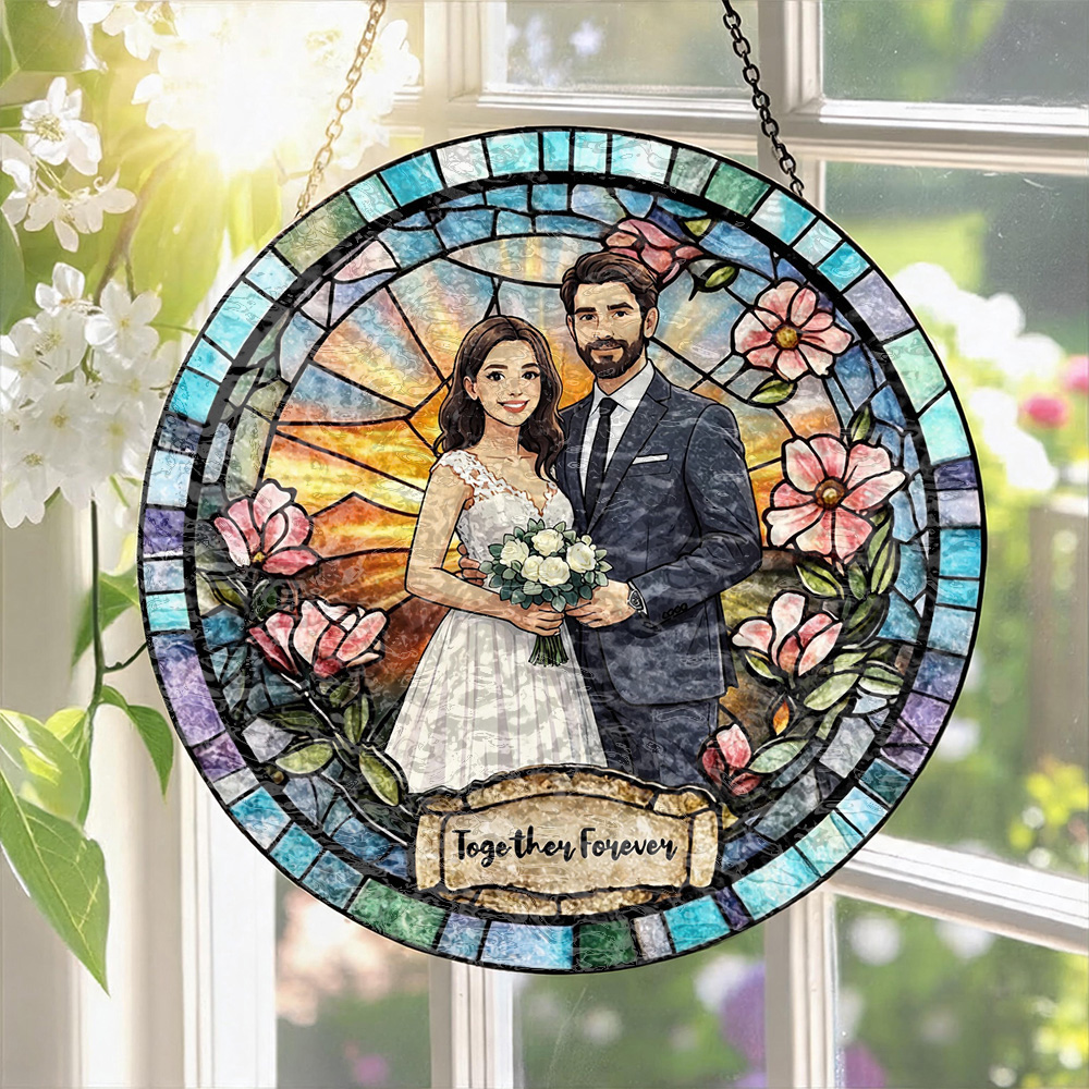 Custom Window Hanging Suncatcher, Elegant Personalized Window Stained Glass Home Decor Piece, Memorable Personalized Gift For Couples Wedding Couple Family Keepsake Gift