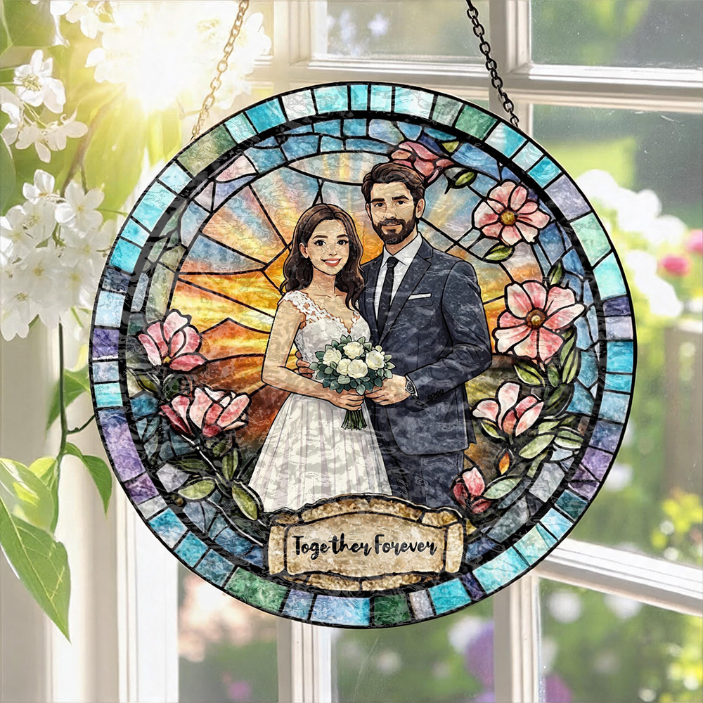 Custom Window Hanging Suncatcher, Elegant Personalized Window Stained Glass Home Decor Piece, Memorable Personalized Gift For Couples Wedding Couple Family Keepsake Gift