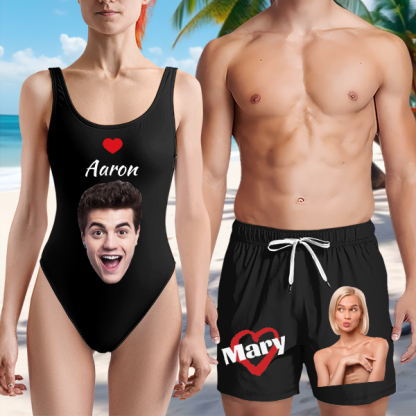 Custom Heart Mens‘ Shorts Personalized Photo Name Hawaiian Beach Shorts Gift For Him For Husband-mekesllser-Swimwear,Mekesllser,Red Heart,Summer Sale,Swimwear For Men,For Men,Hawaiian Shorts