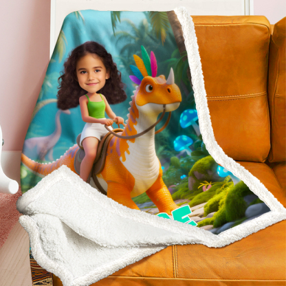 Custom Orange Dinosaur Riding Blankets Personalized Face & Name Hero Blanket Gifts For Girls-mekesllser-Mekesllser,For Kids,Home&Living,Blanket,For Girls,Dinosaur,Kid's Animal Theme,Blanket for Girls