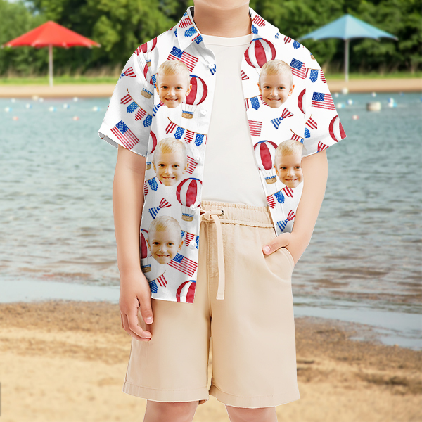Custom American Flag Balloon Short Sleeve Shirt Face Hawaiian Independence Day Shirt  Beach Holiday Gift For Kids-mekesllser-Swimwear,Mekesllser,American Flag,Summer Sale,Hawaiian Shirt,For Kids,Swimwear For Kids,Kid's Hawaiian Shirt,For Boys,For Girls