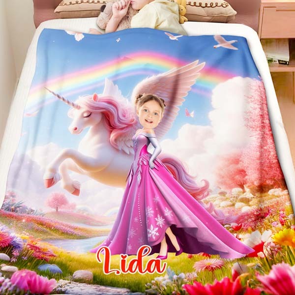 Custom Rainbow Princess With Unicorn Blankets Personalized Face & Name Blanket Gifts For Girls-mekesllser-Mekesllser,For Kids,IP,Home&Living,Blanket,For Girls,Princess,Blanket for Girls,Unicorn