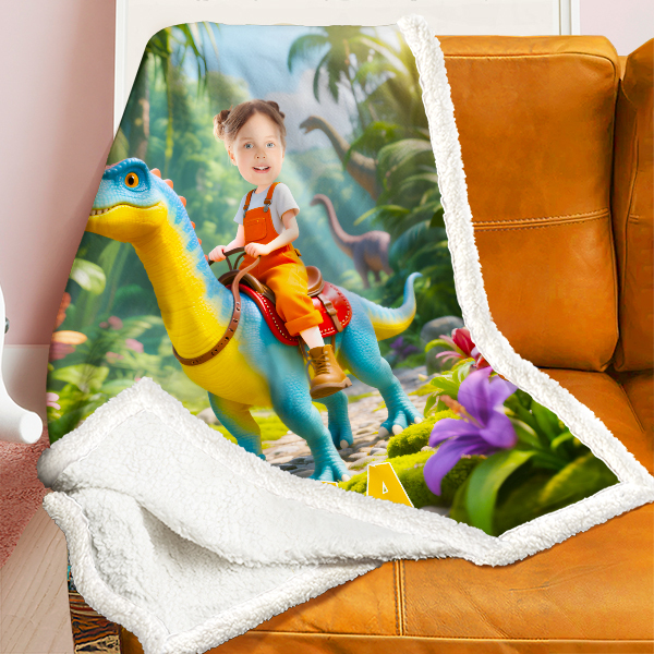 Custom Dinosaur Riding Blankets Female Explorer Personalized Face & Name Hero Blanket Gifts For Girls-mekesllser-Mekesllser,For Kids,Home&Living,Blanket,For Girls,Dinosaur,Kid's Animal Theme,Blanket for Girls
