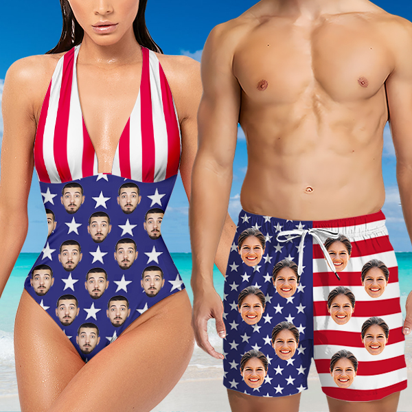 Custom American Flag Hawaiian Shorts Personalized Photo Hawaiian Beach Shorts Gift For Him For Men-mekesllser-Swimwear,Mekesllser,American Flag,Summer Sale,Swimwear For Men,For Men,Hawaiian Shorts