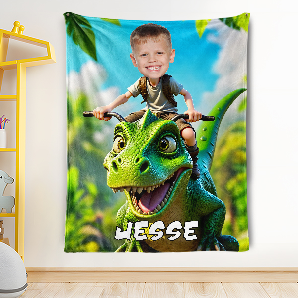 Custom Rainforest Dinosaur Blankets Personalized Boy Riding Dinosaur Blanket Gift For Boys-mekesllser-dinosaur blanket,Mekesllser,For Kids,IP,Home&Living,Blanket,For Boys,Dinosaur,Kid's Animal Theme,Blanket for Boys,Autumn Sale,Children's Daily Style