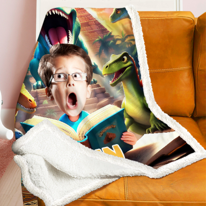 Custom Scared Dinosaur Blankets Personalized Face & Name Funny Blanket Gifts For Boys-mekesllser-dinosaur blanket,Mekesllser,For Kids,Home&Living,Blanket,For Boys,Dinosaur,Blanket for Boys
