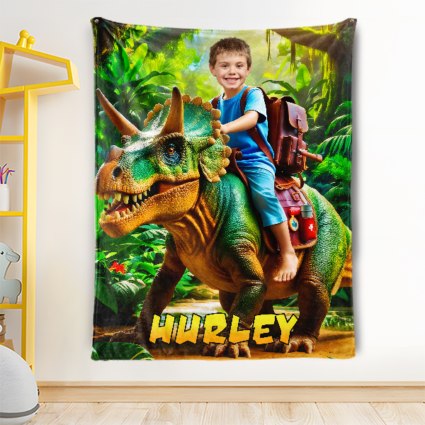 Custom Rainforest Dinosaur Blankets Personalized Boy Riding Triceratops Dinosaur Blanket Gift For Boys-mekesllser-dinosaur blanket,Mekesllser,For Kids,IP,Home&Living,Blanket,For Boys,Dinosaur,Kid's Animal Theme,Blanket for Boys,Autumn Sale,Children's Daily Style