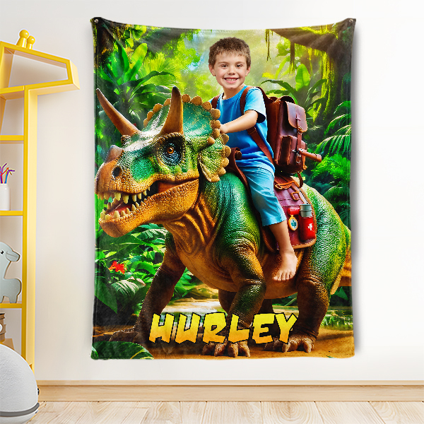 Custom Rainforest Dinosaur Blankets Personalized Boy Riding Triceratops Dinosaur Blanket Gift For Boys-mekesllser-dinosaur blanket,Mekesllser,For Kids,IP,Home&Living,Blanket,For Boys,Dinosaur,Kid's Animal Theme,Blanket for Boys,Autumn Sale,Children's Daily Style
