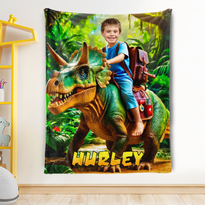 Custom Rainforest Dinosaur Blankets Personalized Boy Riding Triceratops Dinosaur Blanket Gift For Boys-mekesllser-dinosaur blanket,Mekesllser,For Kids,IP,Home&Living,Blanket,For Boys,Dinosaur,Kid's Animal Theme,Blanket for Boys,Autumn Sale,Children's Daily Style