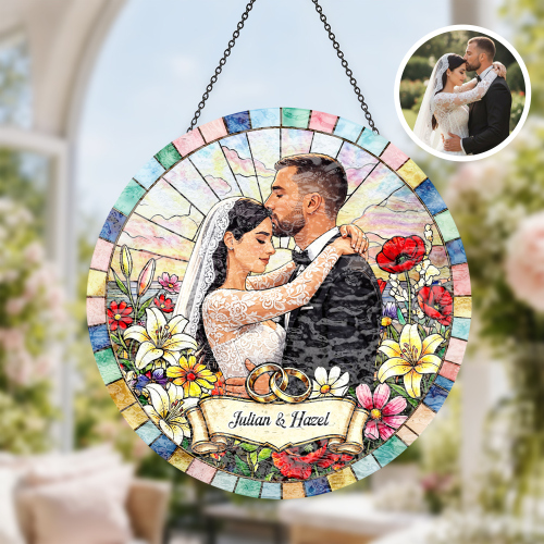 Custom Window Hanging Suncatcher , Water Ripple , Custom Bride And Groom Suncatcher With Custom Photo , Home Decor That Fills Your Home With Light & Love , Newlywed Gift For Wife , Bridal Shower Gift , Wedding Window Decor