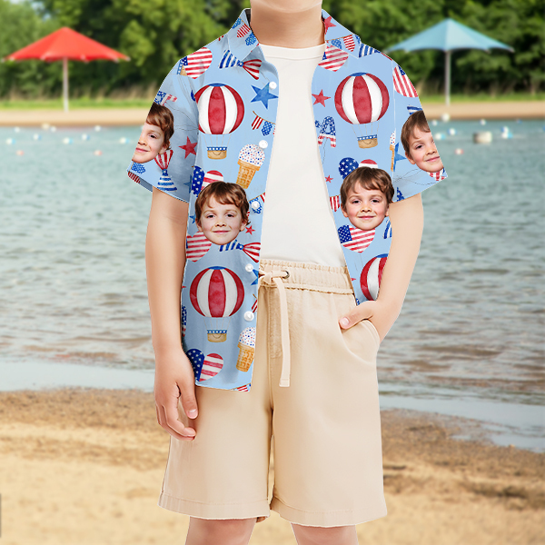 Custom American Flag Balloon Short Sleeve Shirt Face Hawaiian Independence Day Shirt  Beach Holiday Gift For Kids-mekesllser-Swimwear,Mekesllser,American Flag,Summer Sale,Hawaiian Shirt,For Kids,Swimwear For Kids,Kid's Hawaiian Shirt,For Boys,For Girls