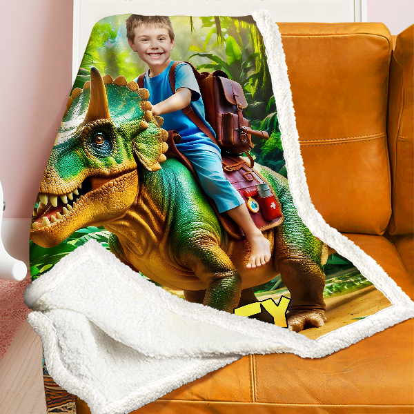 Custom Rainforest Dinosaur Blankets Personalized Boy Riding Triceratops Dinosaur Blanket Gift For Boys-mekesllser-dinosaur blanket,Mekesllser,For Kids,IP,Home&Living,Blanket,For Boys,Dinosaur,Kid's Animal Theme,Blanket for Boys,Autumn Sale,Children's Daily Style