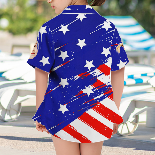 Custom American Flag Short Sleeve Shirt Face Hawaiian Independence Day Shirt  Beach Holiday Gift For Kids-mekesllser-Swimwear,Mekesllser,American Flag,Summer Sale,Hawaiian Shirt,For Kids,Swimwear For Kids,Kid's Hawaiian Shirt,For Boys,For Girls