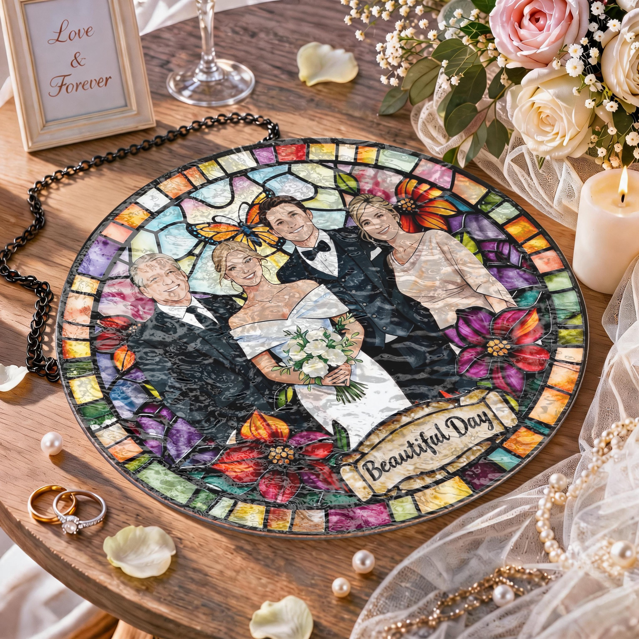 Custom Window Hanging Suncatcher, Personalized Stained Glass Photo Home Decor, Unique Personalized Gift For Couples & Family Keepsake Custom Photo Suncatcher